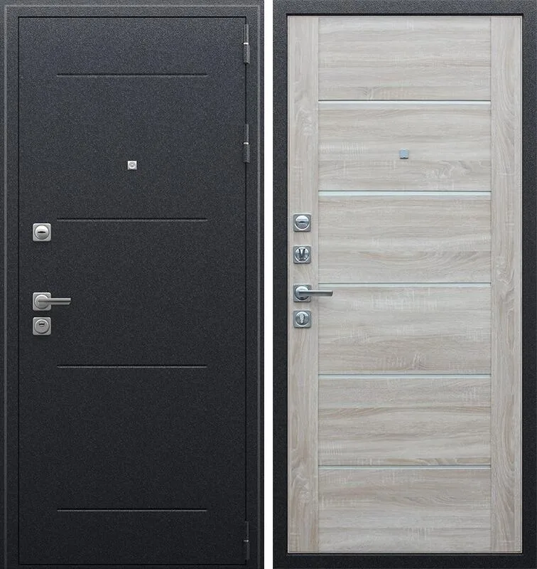 Входная металлическая дверь "ТЕХНО XN 99" Букле графит/дуб сонома светлый 880х2050 в интерьере
